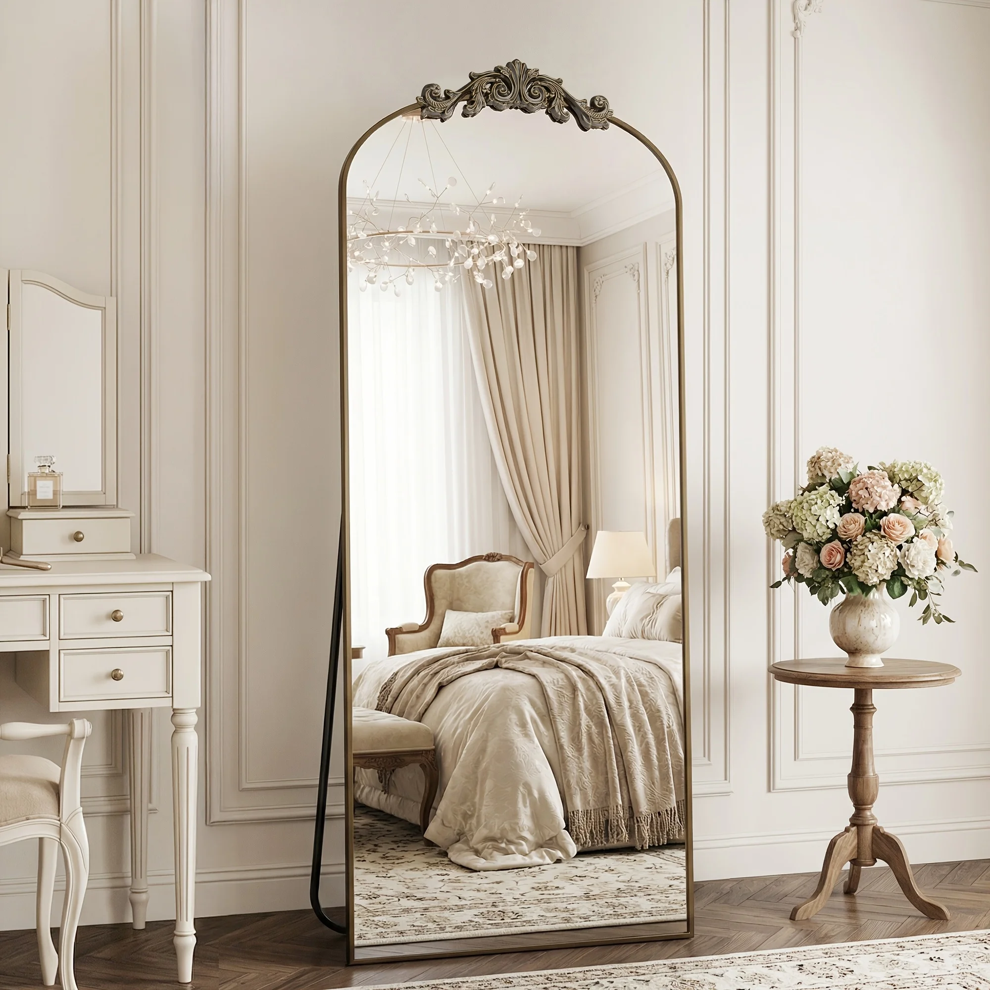 

Arched Full Length Mirror, Measuring 58 Inches by 18 Inches, Is a Freestanding Full Body Mirror Featuring a Carved Metal