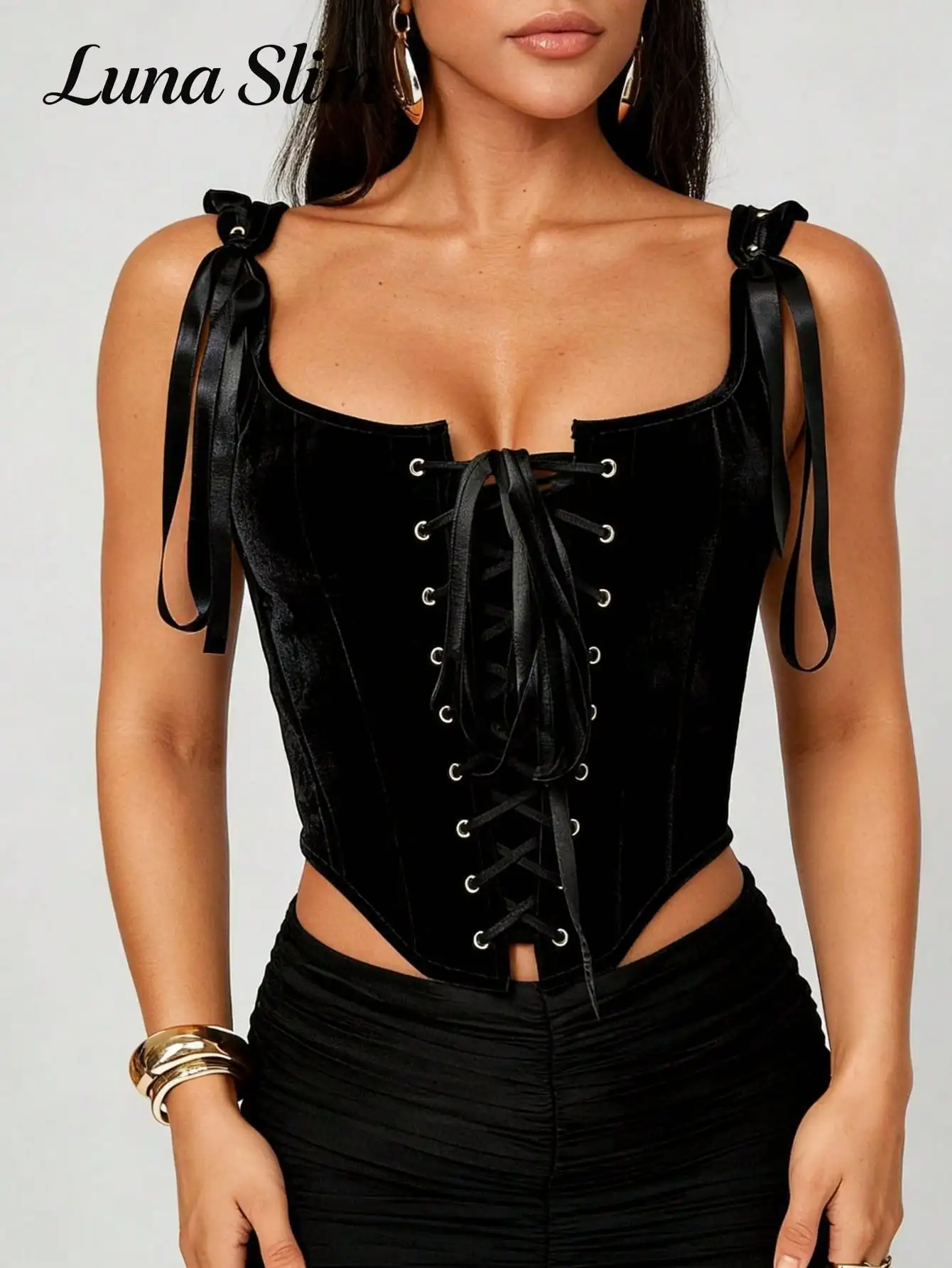 

Черный бархатный корсетный топ с завязками спереди и бретелями, ретро-бюстье с квадратным вырезом для ночного клуба или уличной моды