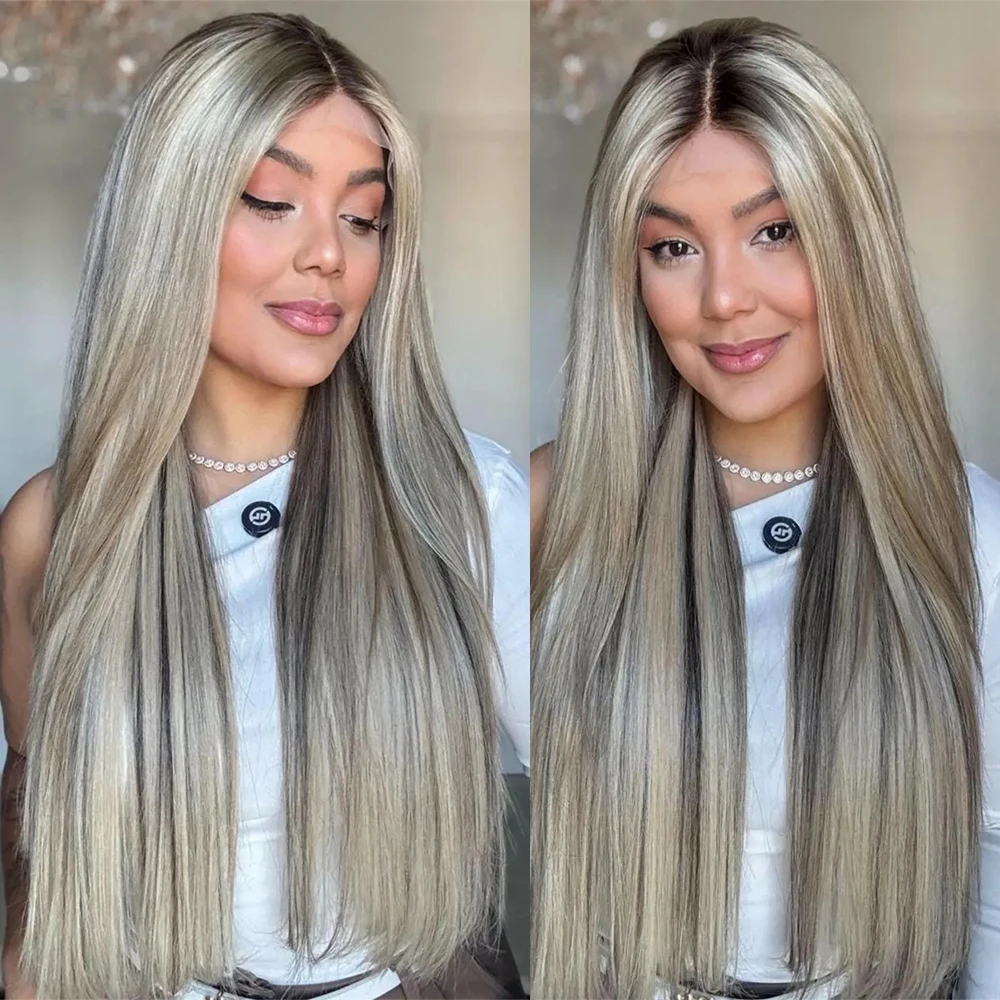 New in HD Lace Front Glueless Wig Honey Ash Blonde Balayage Colored Wig Heat Resistant Luxury Straight Synthetic  Fiber Lace Wig