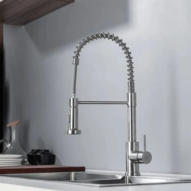 الربيع سحب أسفل صنابير المطبخ تيار رذاذ رئيس الماء الساخن البارد الحنفية الفولاذ المقاوم للصدأ دوران المطبخ صنبور حوض خلاط رافعة #3