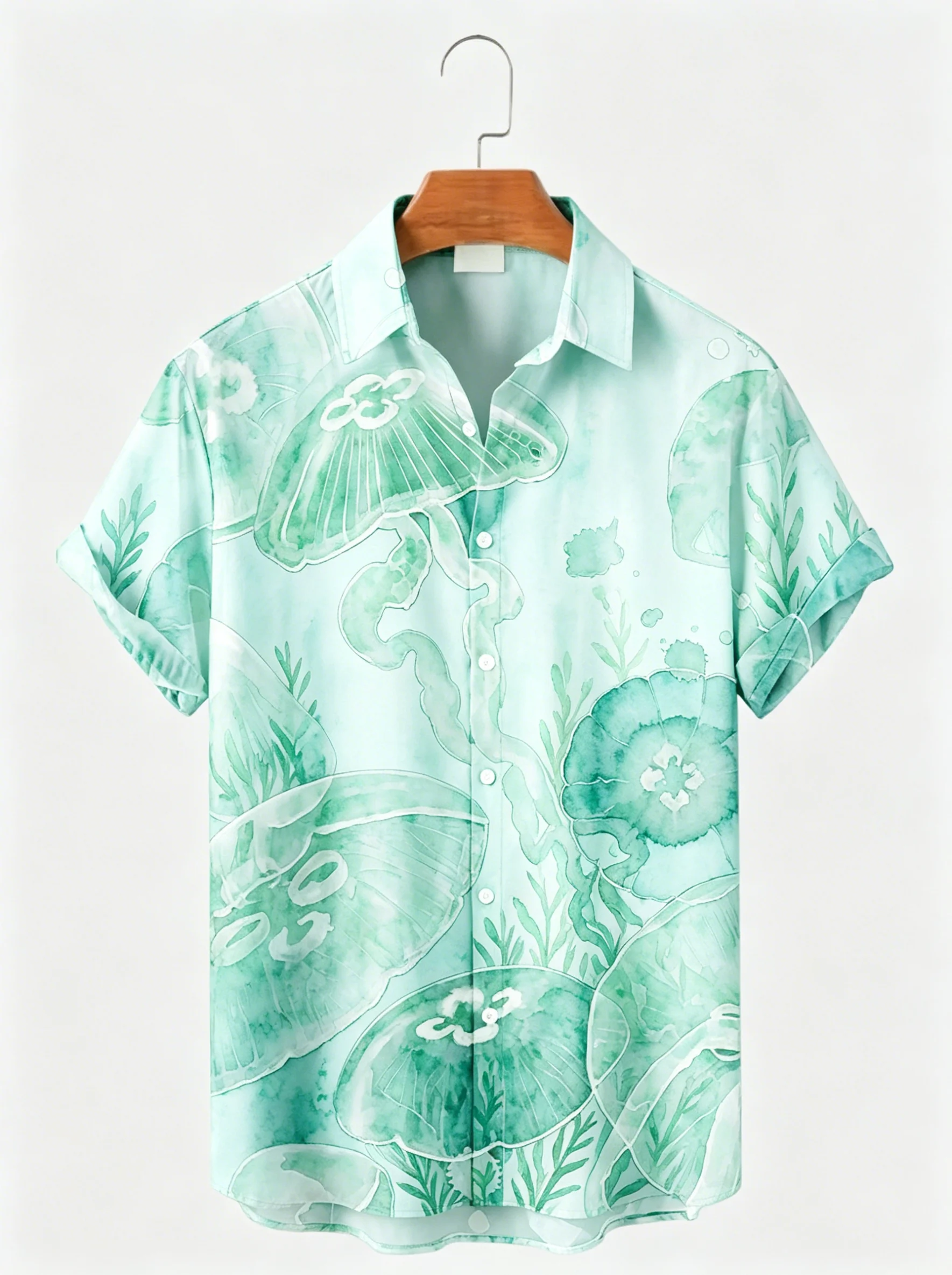 

Men's Spring Summer Lapel Shirt, Light Green Watercolor Jellyfish Print Casual Tops for Daily Beach Vacation Outfit