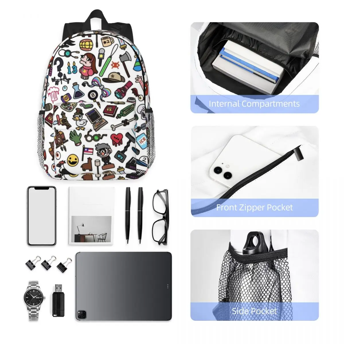 Gravity Falls 15-Inch Waterproof Backpack - Lightweight Travel Bag with Multiple Pockets for Organization