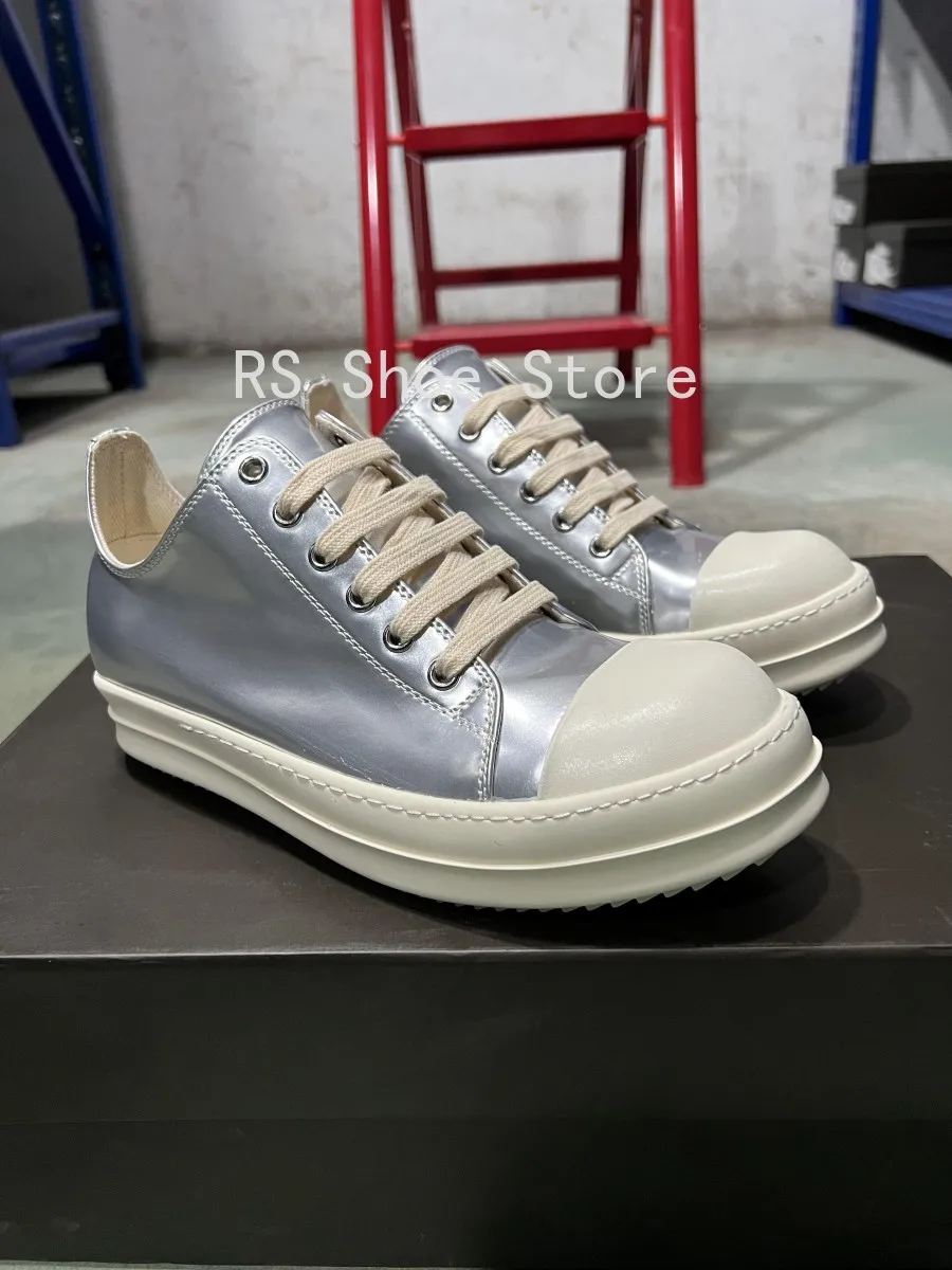 

Ro Men Shoes Silver Leather Low Top Shoe Lace Up Women Casual Sneaker Design Cowhide Flat Sneakers