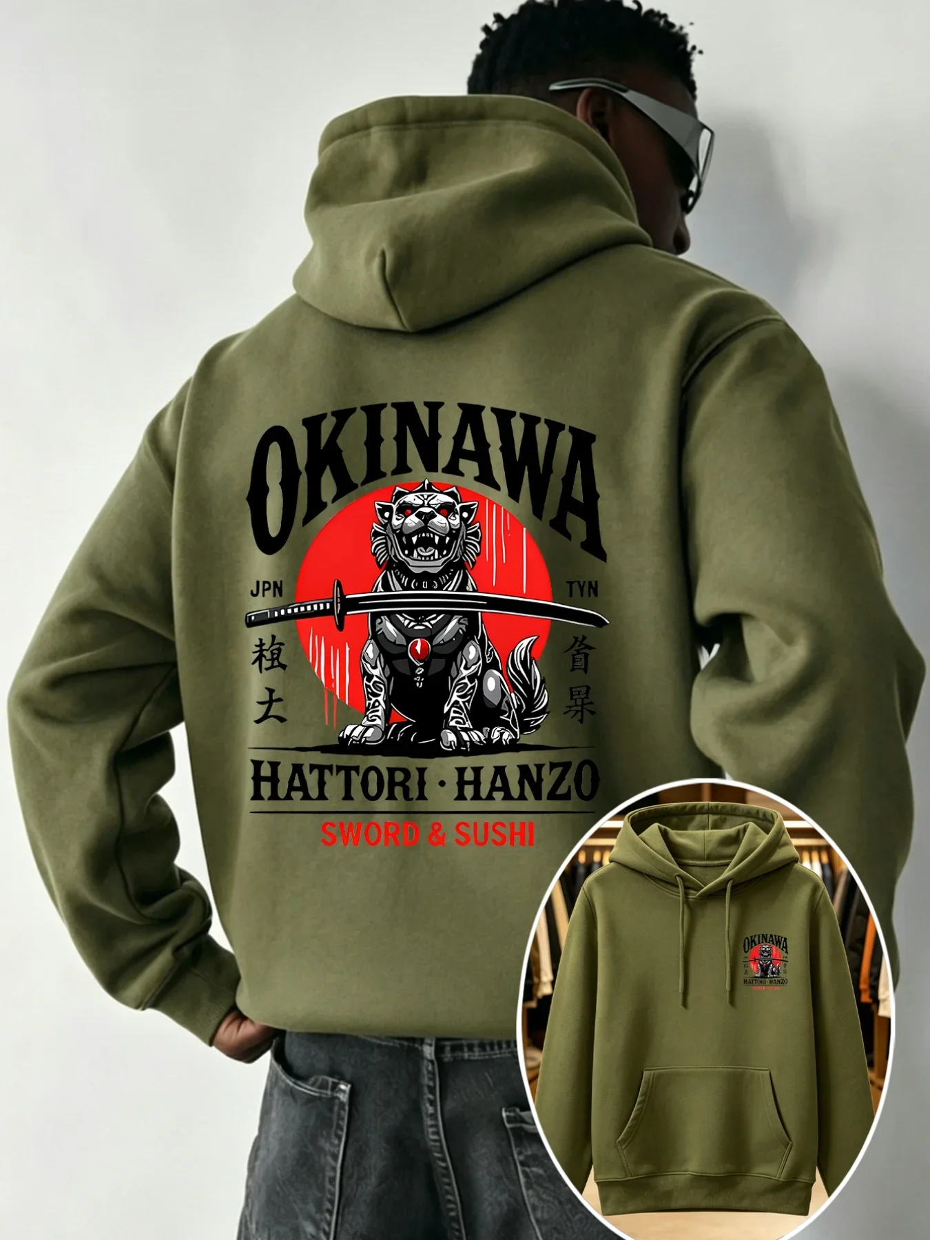 Okinawa Hattori Hanzo Shishi Lion Samurai Sword Graphic Hoodie Unisex Loose Fit Spring Autumn Hooded Sweatshirt Streetwear