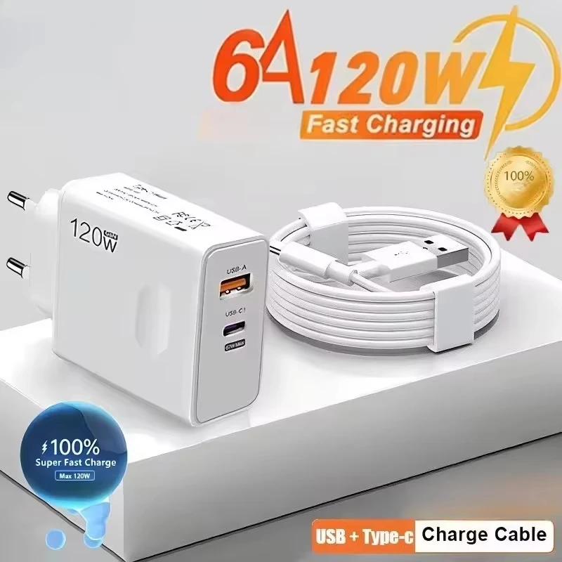 Carregador 2 em 1 120W Carregamento Rápido Carregador de Celular USB Tipo C Adaptador de Parede com Plugue EU US para iPhone Xiaomi Samsung