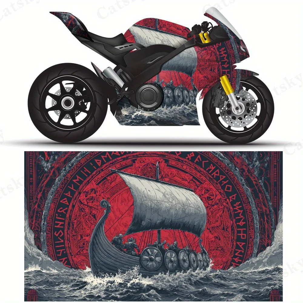 

Viking Ship Furious Sea Journey Motorcycle Vinyl Wrap, PVC Self-Adhesive Waterproof Motorcycle Sticker, Anti-Scratch Decorative