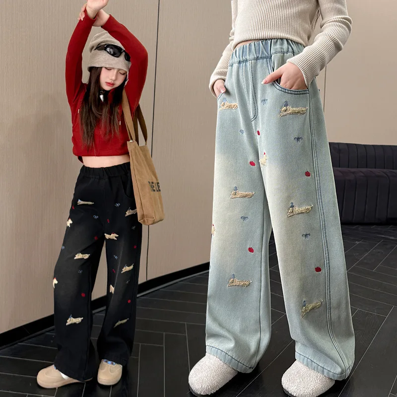 Girls' Springtime Embroidered Denim Jeans - Soft and Comfortable, Loose Straight-Leg Pants - Girls' Clothing Playful Prints