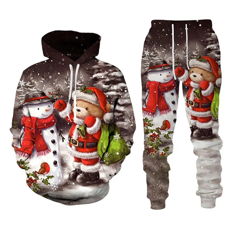 Men\'s Hoodie Sets Christmas Santa Claus Pattern Print 3D Hooded Sweatshirt Pants 2Pcs Suits Fall/Winter Oversized Couple Clothes