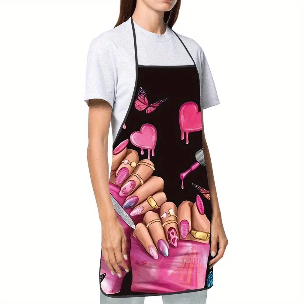 Hand Butterfly Nail Polish Print Apron Waterproof Beauty Theme Kitchen Cooking Bib for Men Women Household Grilling Cover