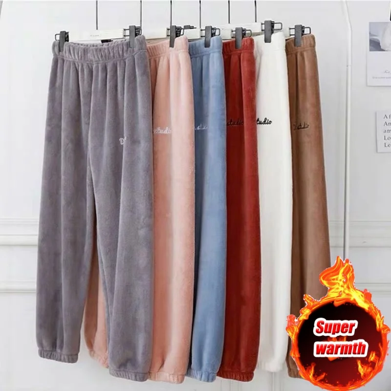 Winter Plush Thermal Pajama Pants for Women Soft Fleece Lined Lounge Wear Comfortable Elastic Waist Warm Home Sleepwear