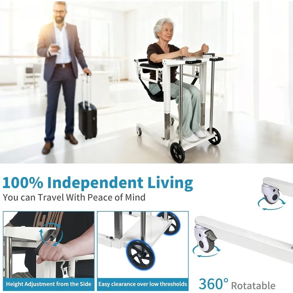 كرسي رفع منتقلي كبير بارتفاع قابل للتعديل، مساعد على التنقل ذاتي التشغيل، سعة 300 رطل، سبائك فولاذية بيضاء