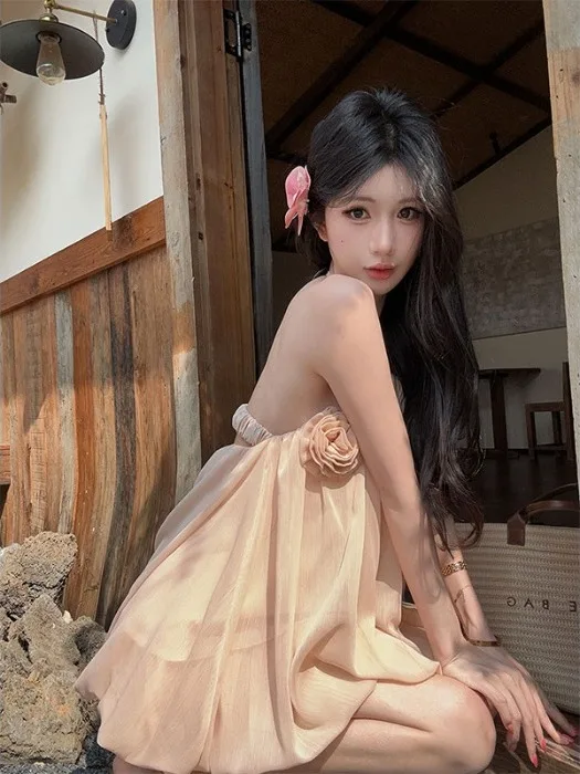 

Elegant Neck Hanging Strapless Top for Women Summer Sleeveless Floral Nail Personality Loose Polyester Fiber Casual Shirt