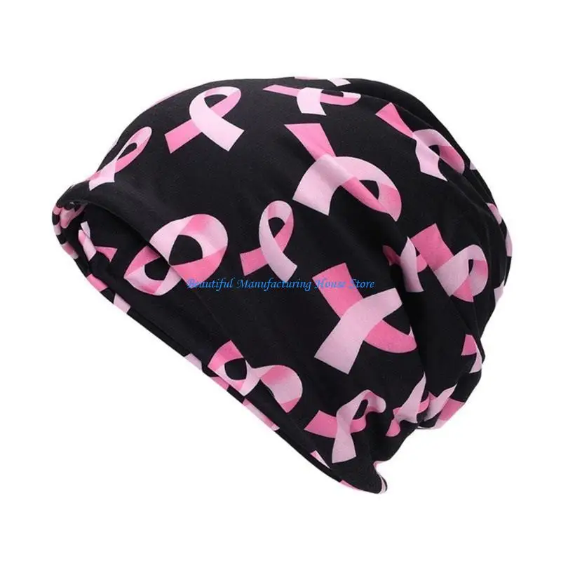 E56A Comfortable Breast Cancers Skull Caps Awareness Pattern Ribbon Print Headwrap Hat
