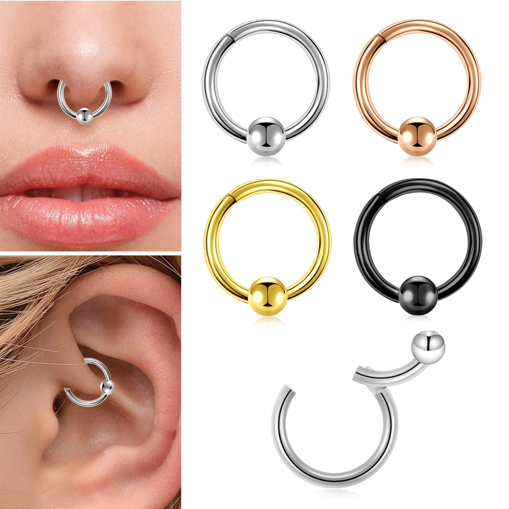 1PC Round 316L Stainless Steel Nose Ring 16G 14G Ball Septum Clicker 8/10MM Punk Rock Ear Helix Septum Rings Piercing Jewelry