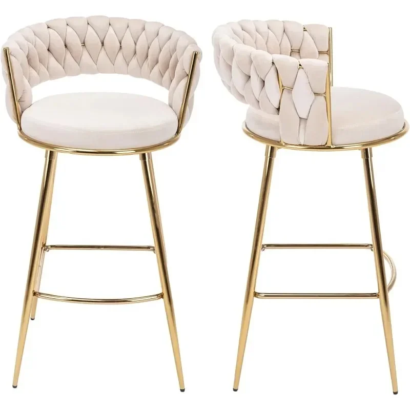 Gold Bar Stool Set of 2, Velvet Swivel Barstools, Height Adjustable Counter Stools with Woven Back, Upholstered Modern Stools