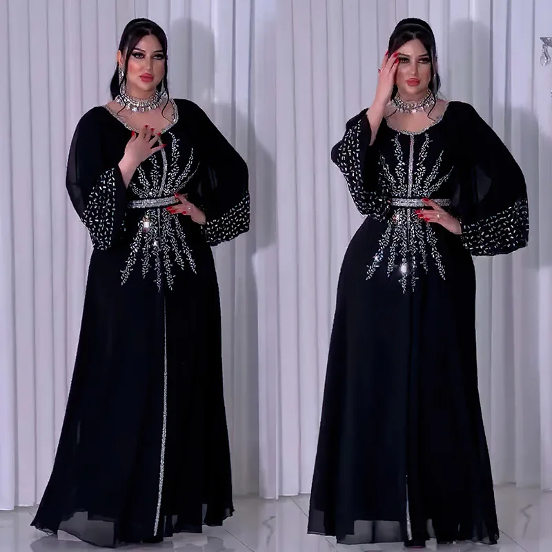 New 2024 Chiffon Diamonds Abayas For Women Luxury Dubai Abaya Turkey Kaftan Muslim Dress Djellaba Jalabiya Caftan Marocain Femme