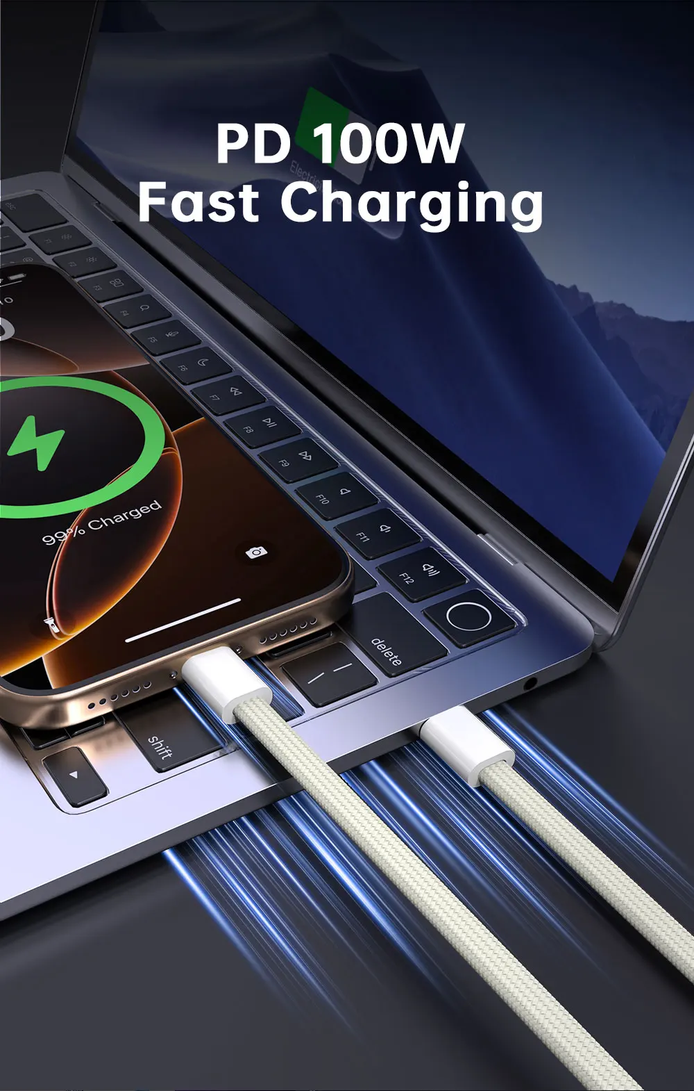 PD 100W USB-C zu Typ-C Schnellladekabel mit magnetischer Befestigung, verwicklungssicher, 480Mbps Datenübertragung, flaches Kabel für iPhone 15 16 17 Mac – Detail 3