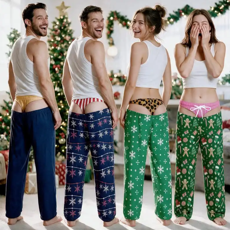 New Fun Christmas Party Themed Hollowed-Out Christmas Light Print Straight Leg Pants for Men and Women, Holiday Casual Wear