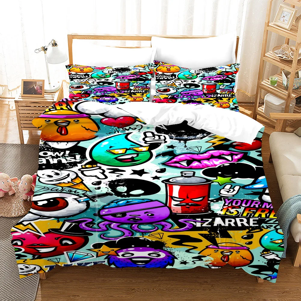 Cartoon Style Hip-Hop Graffiti 3D Printed Duvet Cover Pillowcase Bedding Set, Teenagers Bedroom Decor Bed Kit，Single_Queen Size