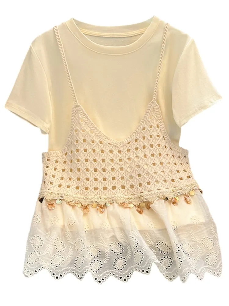 ชุดเซ็ตสองชิ้น เสื้อกล้ามสายเดี่ยวผ้าฝ้ายแท้ แต่งลูกไม้ฉลุลาย สไตล์เกาหลี ทรงหลวม