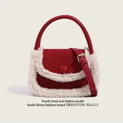 Red Cute Lamb Wool Crossbody Bag Mini Square Bag Texture Faux Suede Splice Fluffy Christmas Style Handbag Korean Shoulder Pack