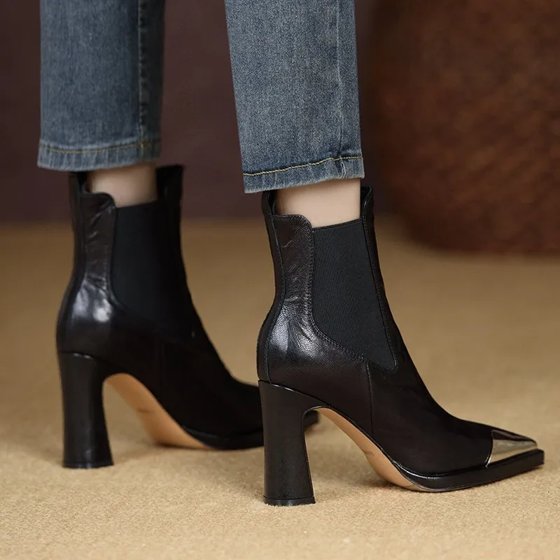 2024 Shoes Women Lace Up Genuine Leather High Heel Pumps Female Low Top Metal Pointed Toe Wedding Party Ankle Boots Casual Shoes