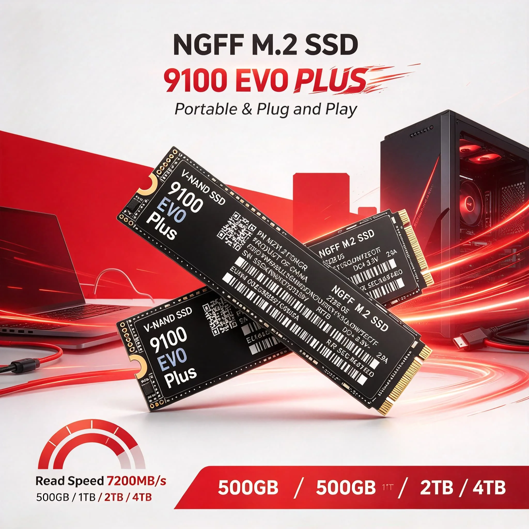 High Performance 9100 EVO PLES M.2 2280 NGFF SSD 500GB 1TB 2TB 4TB 7200MB/s Internal Solid State Drive for PC System Upgrade