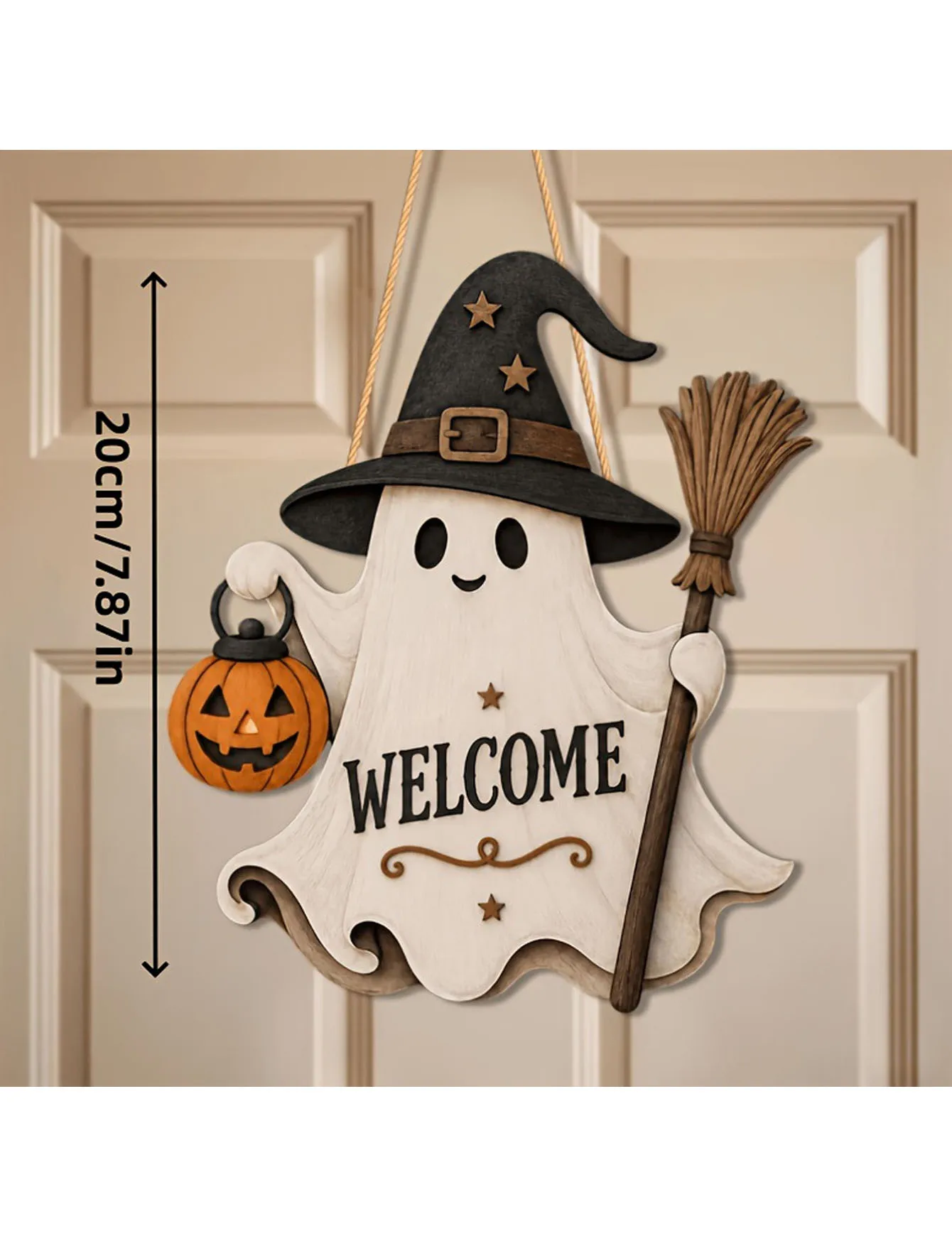 2D flat single-sided ghost door hanging ghost witch hat broom and pumpkin lantern design - wooden Halloween doorplate plaque