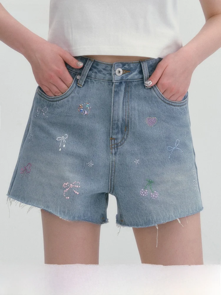 Rhinestone High Waist Denim Shorts Women's Asymmetrical Hem Design Versatile Slimming Wide Leg Pants Casual Style