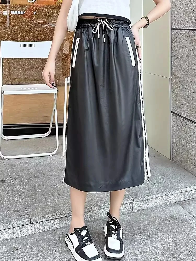 New Fashion Women Mid Calf Long Side Striped Zipper Split Skirt Slim Fit Elastic Waist Sheepskin Genuine Leather Straight