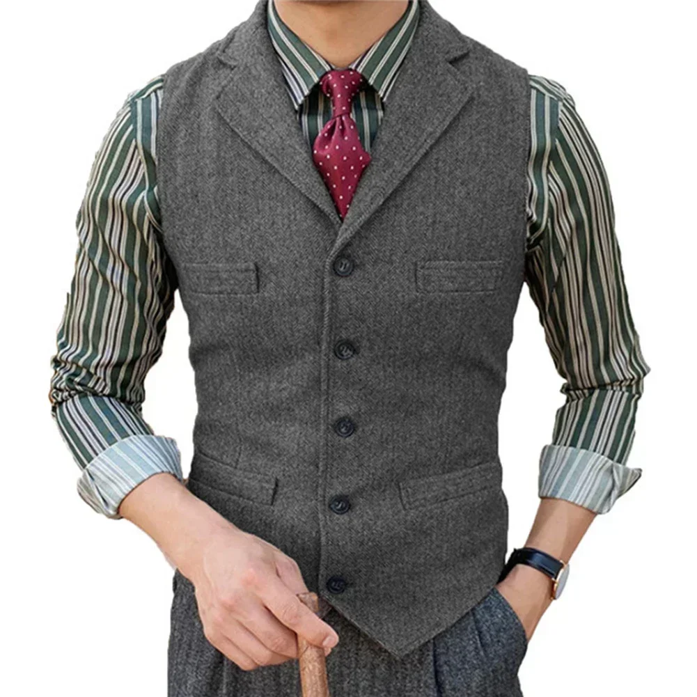 Lässige klassische Anzugweste für Herren, Revers, V-Ausschnitt, Fischgrätenmuster, Tweed, schmale Passform, Business-Weste für Hochzeit, einfarbige Weste