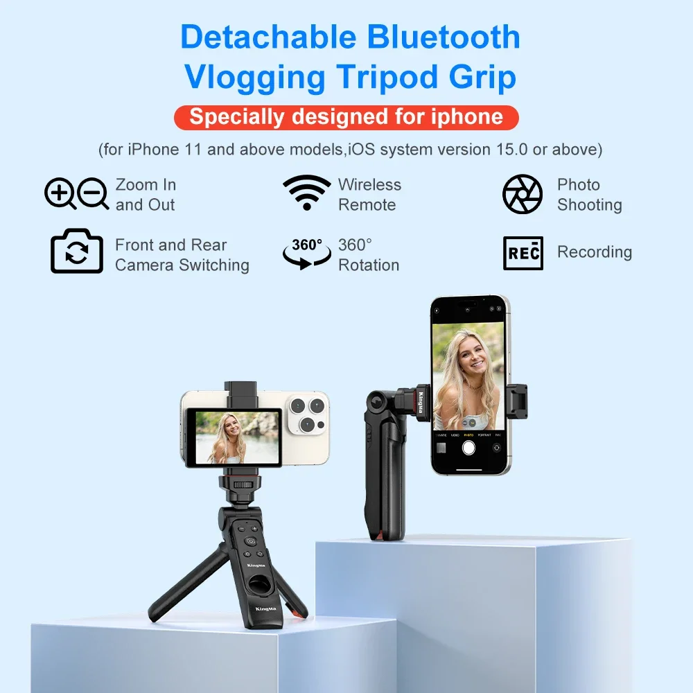 KingMa BM-MPH1 Detachable Bluetooth Vlogging Tripod Grip 15M Wireless Remote Control Selfie Tripod for iPhone Phone Shooting