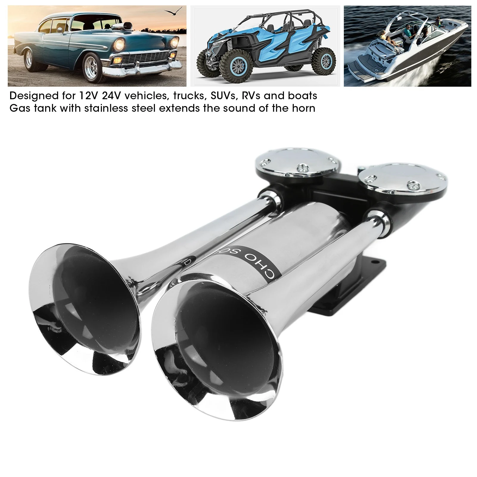 300DB 12V/24V Car Air Horn Zinc Alloy Chrome Plating Double Tube Loudspeaker for Train Ship SUV RV Truck Motorcycle Accessories