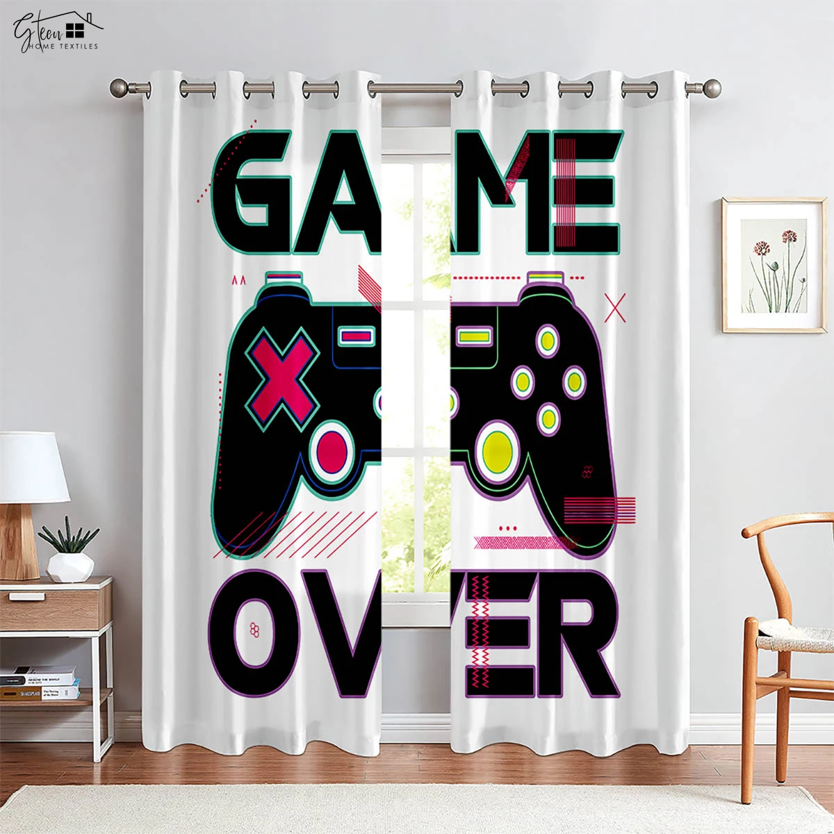 Cool Game Controller Printed Curtains Suitable For Children's Room Bedroom Game Room E-Sports Room Decorative Curtains 2 Pieces