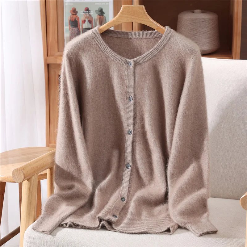 New Women 100% Mink Cashmere Sweater O-Neck Buttons Cardigan Autumn Winter Soft Warm Cable Kint Sweater Casual Long  Sleeve Tops