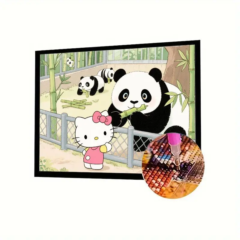 

1 шт. Hello Kitty и очаровательные панды для посещения бамбуковой лесной алмазной живописи - полная дрель 5D DIY Gem Art Kit, милое мультяшное животное R