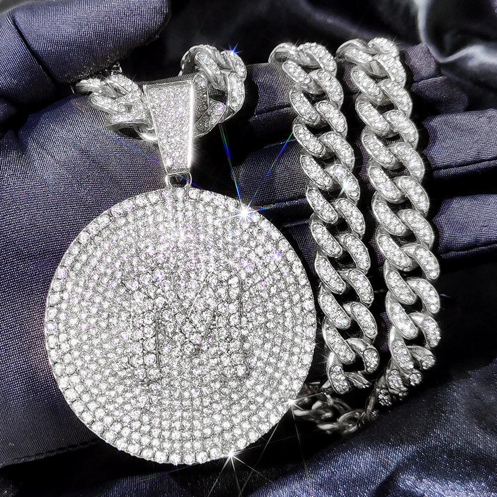 New Crystal Round Initials Necklace 13MM Miami Cuban Link Chain for Women Men Bling A-Z Letters Pendant Necklace Fashion Jewelry