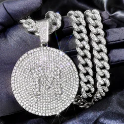 New Crystal Round Initials Necklace 13MM Miami Cuban Link Chain for Women Men Bling A-Z Letters Pendant Necklace Fashion Jewelry
