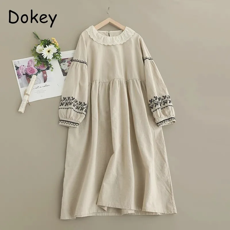 Mori Girls Embroidery Puff Sleeve Dress For Women Autumn Japanese Casual Peter Pan Collar Cotton Loose Dresses Vintage Vestidos