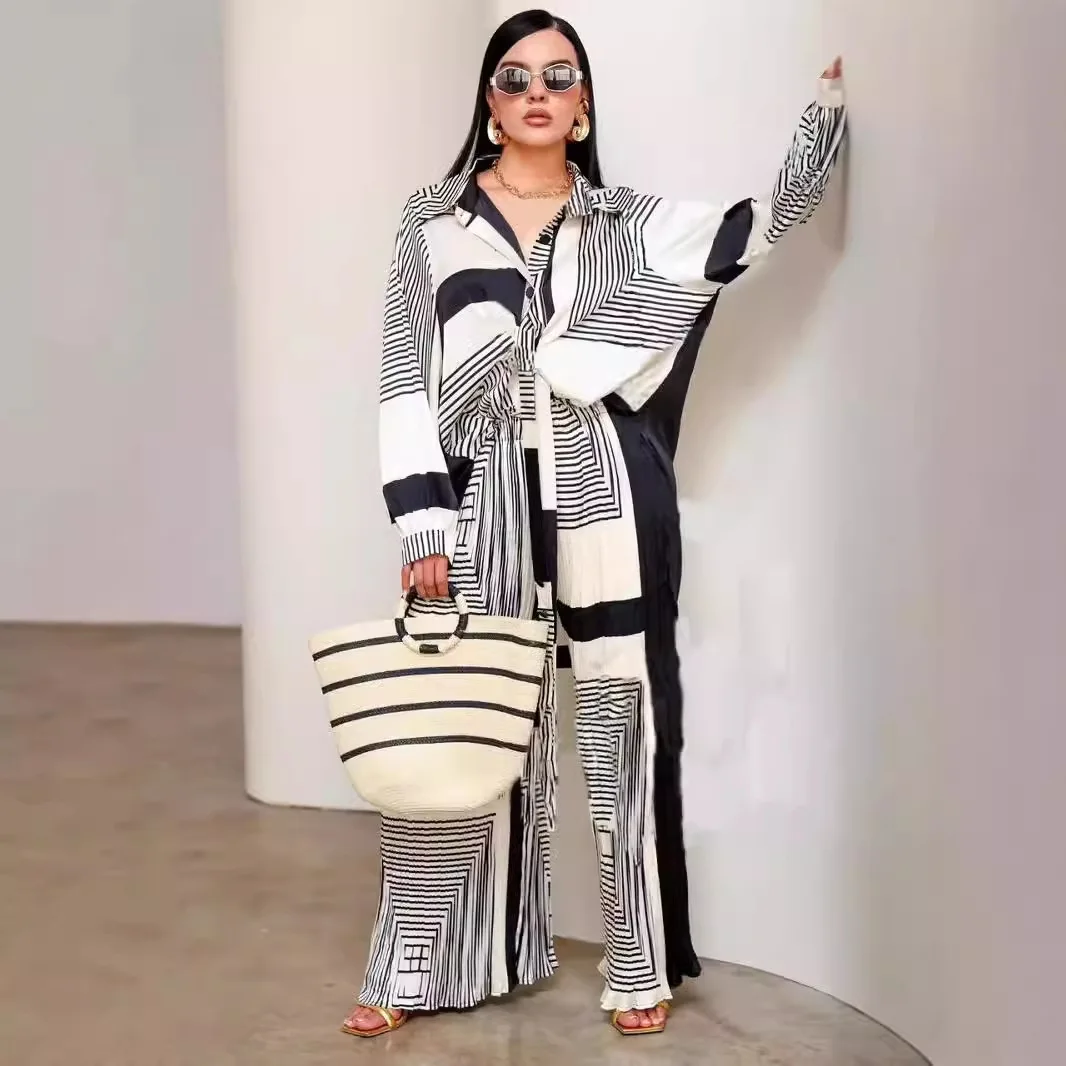 

SuperAen European-style Printed Unique Lantern Sleeve Loose Oversize Casual Shirt Pleated Wide-leg Pants Two Pieces Sets