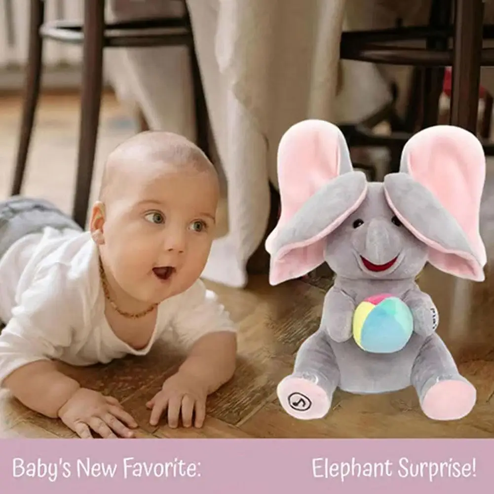Brinquedo de pelúcia de elefante Peekaboo, brinquedo sensorial de bebê com orelhas felpudas com música, brinquedo de aprendizagem educacional macio