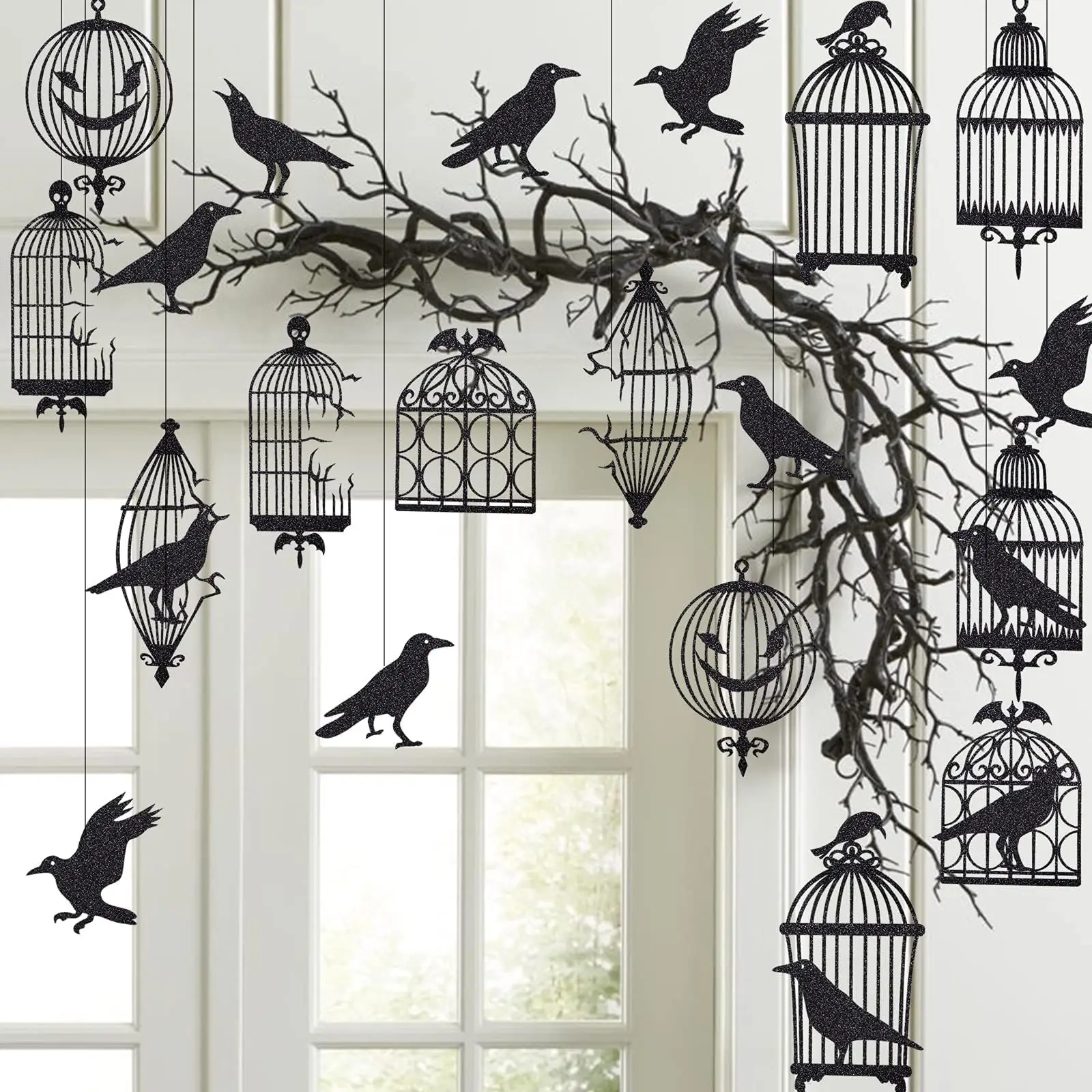 

Halloween Black Crow Hanging Banner Garland Birdcage Ornament Paper Pendant For Halloween Party Home Decoration Horror Props