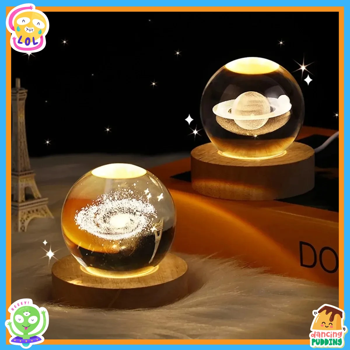 كرة كريستال ديكور النظام الشمسي كرة كريستال 6 سم - كواكب علم الفلك ثلاثية الأبعاد مع ضوء ليلي ناعم، تتضمن القمر ورائد الفضاء