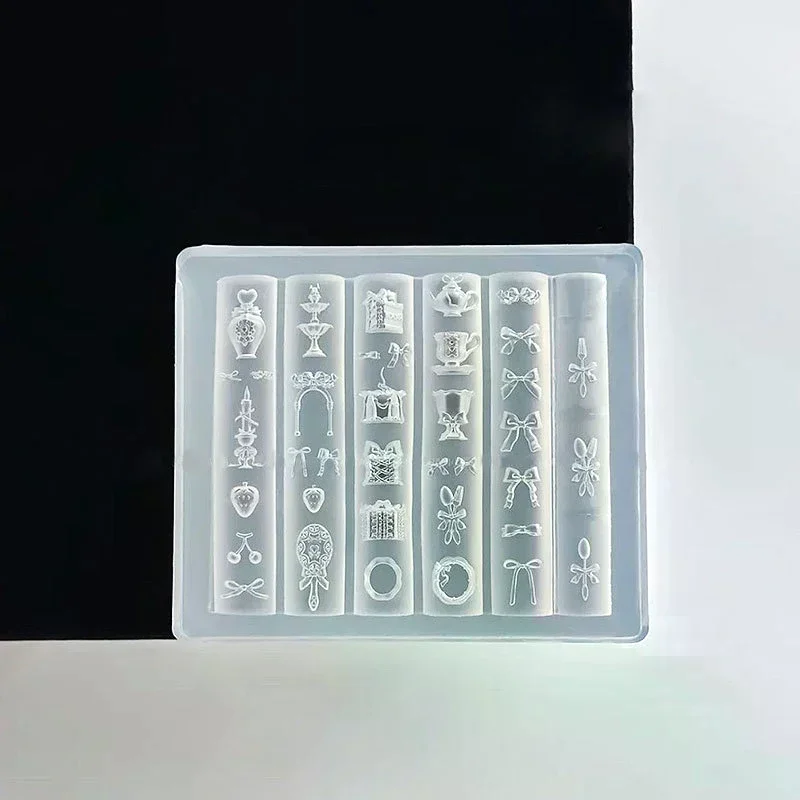 투명 네일 아트 실리콘 조각 몰드 리본 모양 거울 찻잔 UV 젤 폴리쉬 아트 몰드 DIY 디자인 네일 참 스텐실 데코