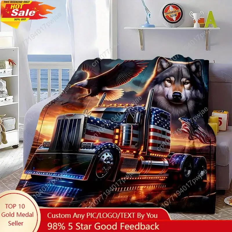 

Cozy Eagle & Wolf Truck Flannel Blanket - Soft Warm Reversible Machine Washable for Bed Sofa Custom blankets