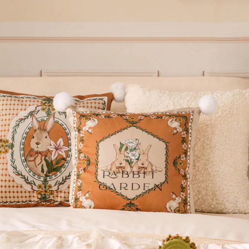 American Pastoral Style Short Plush Pillow Cover Luxury Home Decor Items Cute Rabbit Pattern Handmade Edging 45x45 Customization