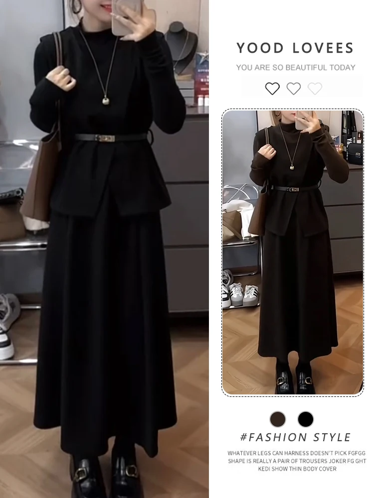 

Fashionable Women's Three-Piece Set Long Sleeve Base Shirt Slimming Vest Midi Skirt Casual Style Spring Autumn New Arrival