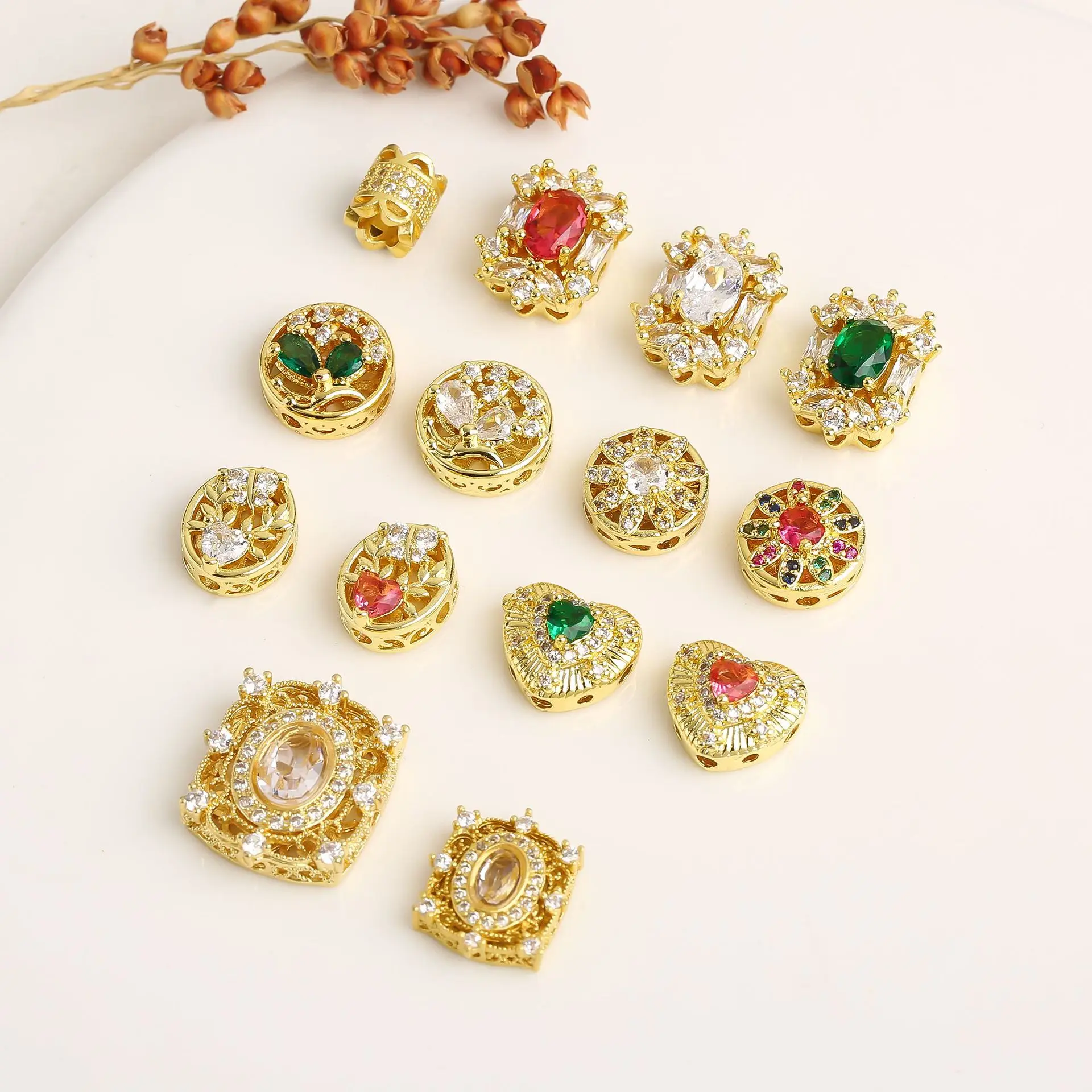 7pcs Copper Gold-plated Hollow Multi-pass Ring Inlaid Zirconia Spacer Beads Diy Bracelet Necklace Jewelry Accessories Wholesale