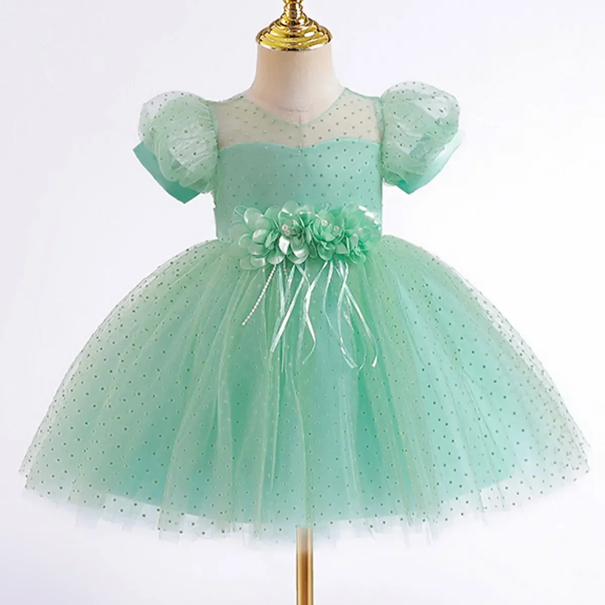 Christmas Princess Kid's Lace Dress Dots Printed Cute Bow Birthday Dress For Girls Baby One-piece Ball Gown Child Frock 2-8 Year