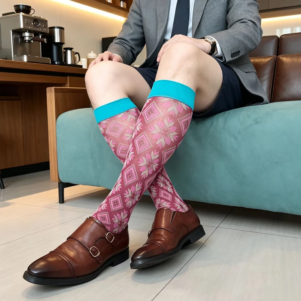Men's Colorful Geometric Pattern Novelty Knee High Socks Cotton Business Dress Long Tube Socks for Formal Office Wear Suit Short